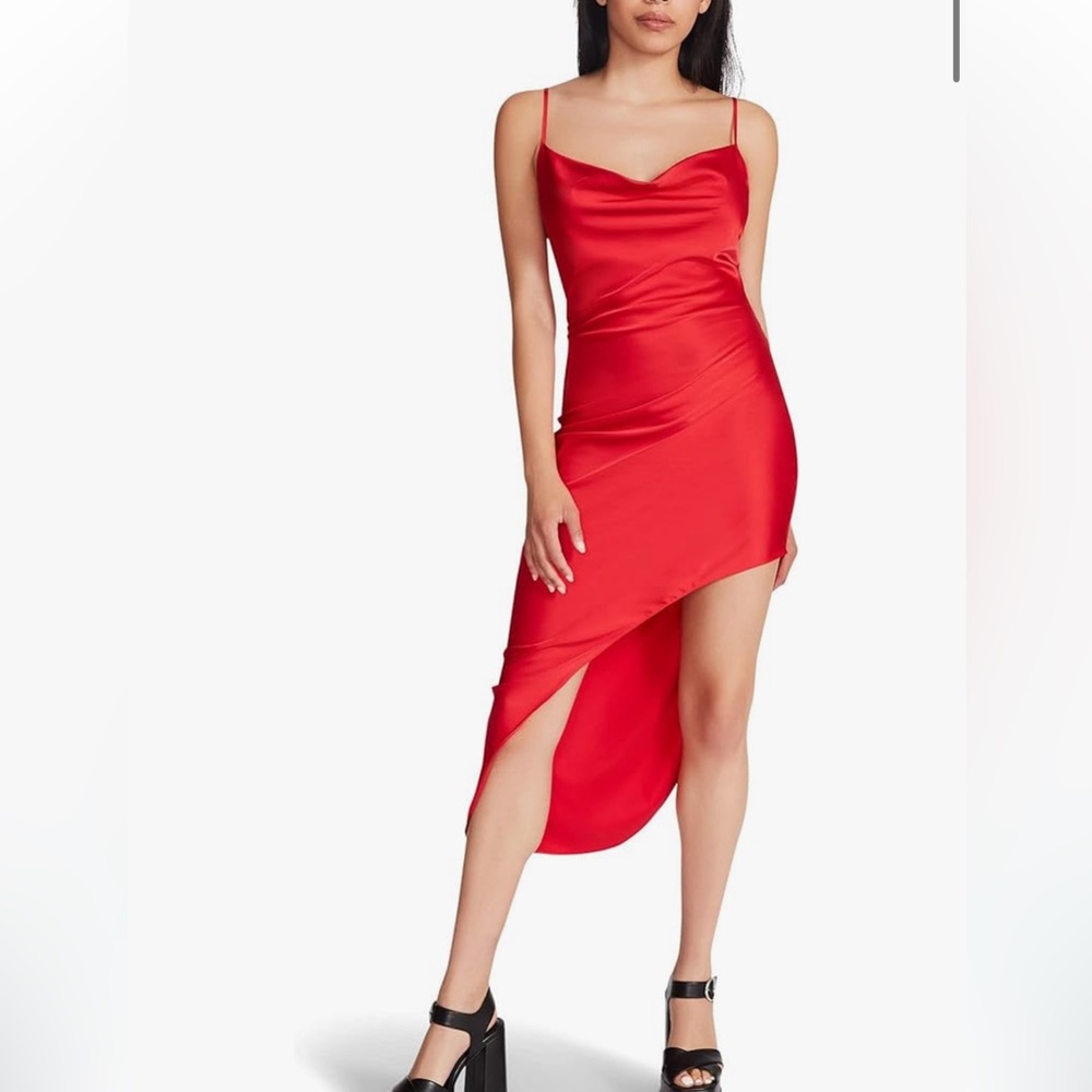Steve Madden Aulora Red Satin High Low Dress XS NEW Cowl Neck Asymmetrical